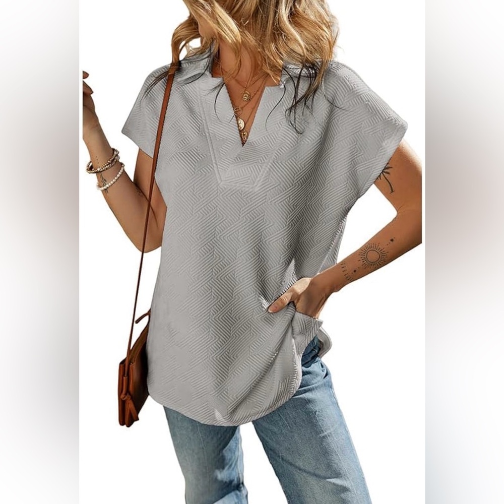 NEW Gray Short Sleeve Lapel Collared V Neck Shirt Pullover Blouse Top L